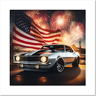 Classic Chevrolet Camaro and The American Flag by Gas Autos Posters and Art